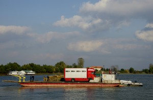The barge loaded with the lorry transporting the cattle to Sfântu Gheorghe, Romania.